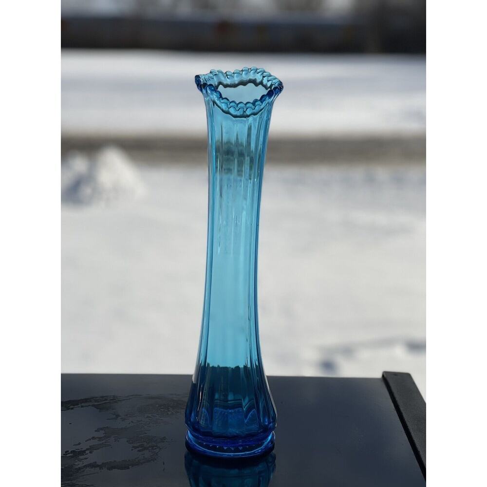 Ubiquitous Ribbed Panel Peacock Blue Swung Vase LE Smith Glass 14”